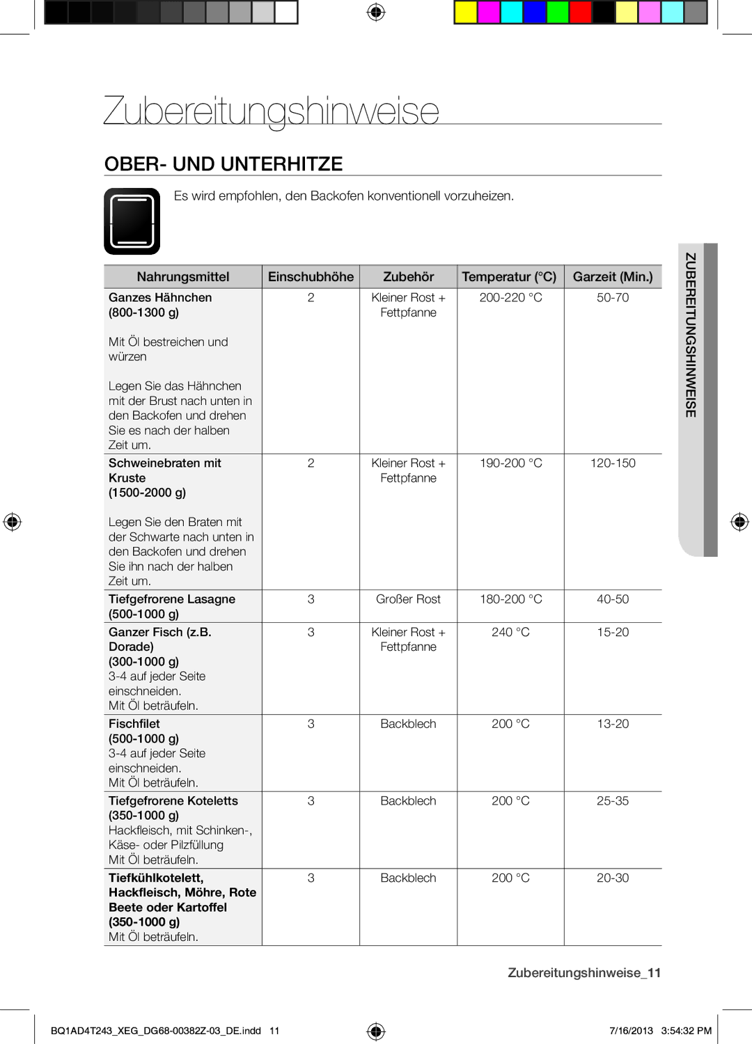 Samsung BQ1AD4T243/XEG manual OBER- UND Unterhitze, Zubereitungshinweise11 