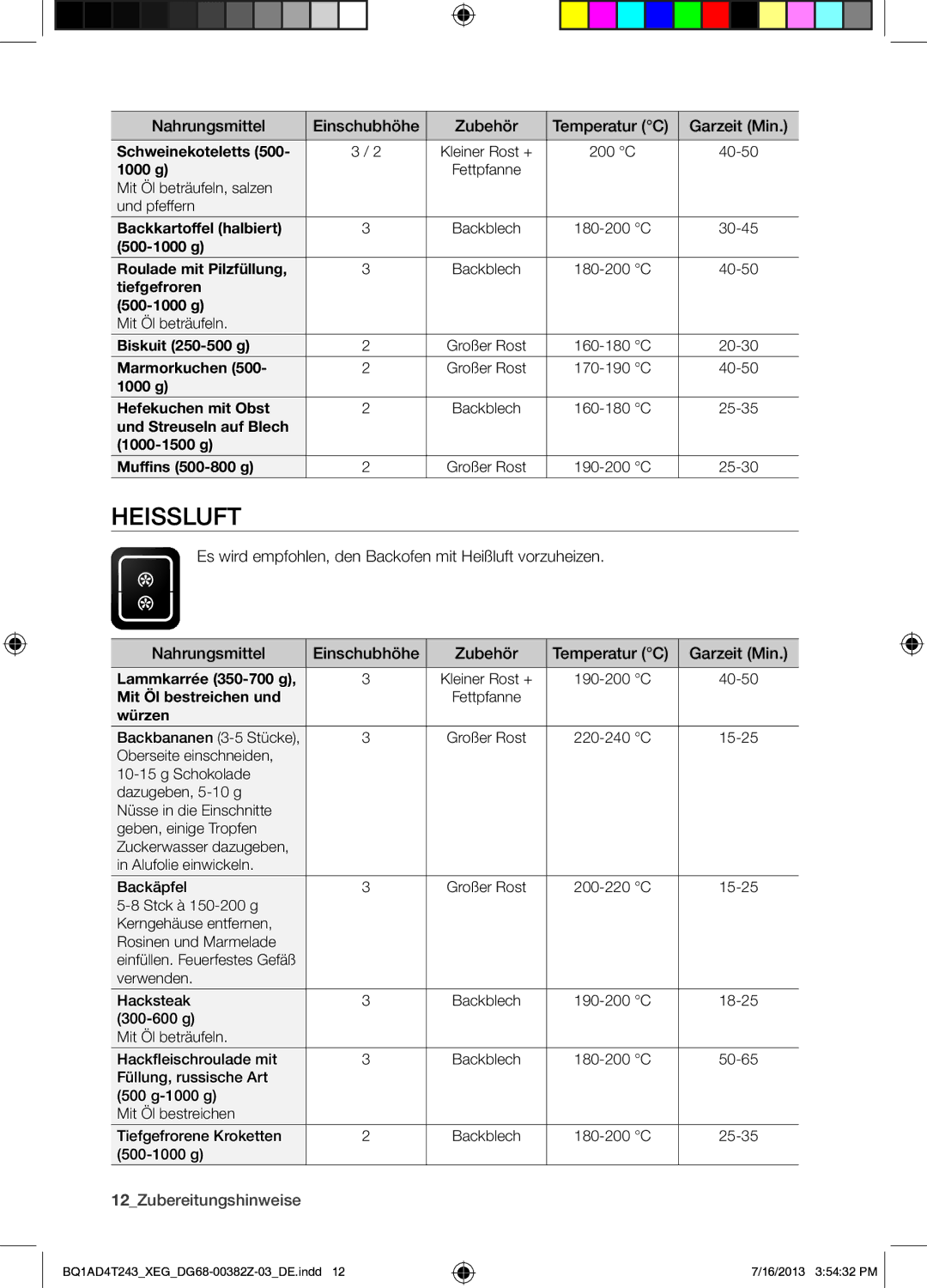 Samsung BQ1AD4T243/XEG manual Heissluft, 12Zubereitungshinweise 