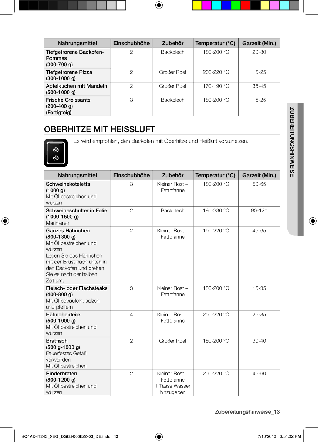 Samsung BQ1AD4T243/XEG manual Oberhitze MIT Heissluft, Zubereitungshinweise13 