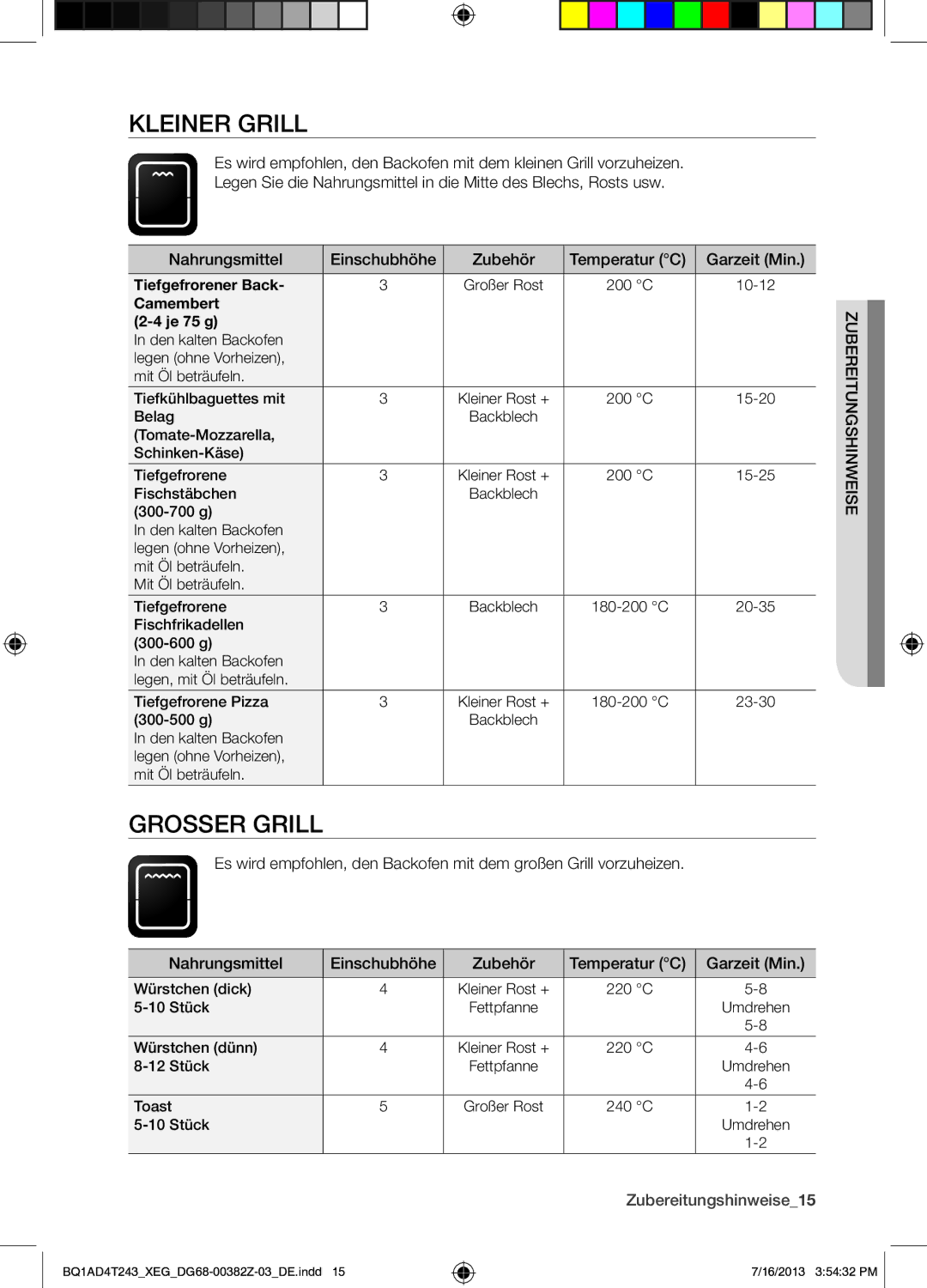 Samsung BQ1AD4T243/XEG manual Kleiner Grill, Grosser Grill, Nahrungsmittel Einschubhöhe Zubehör, Zubereitungshinweise15 