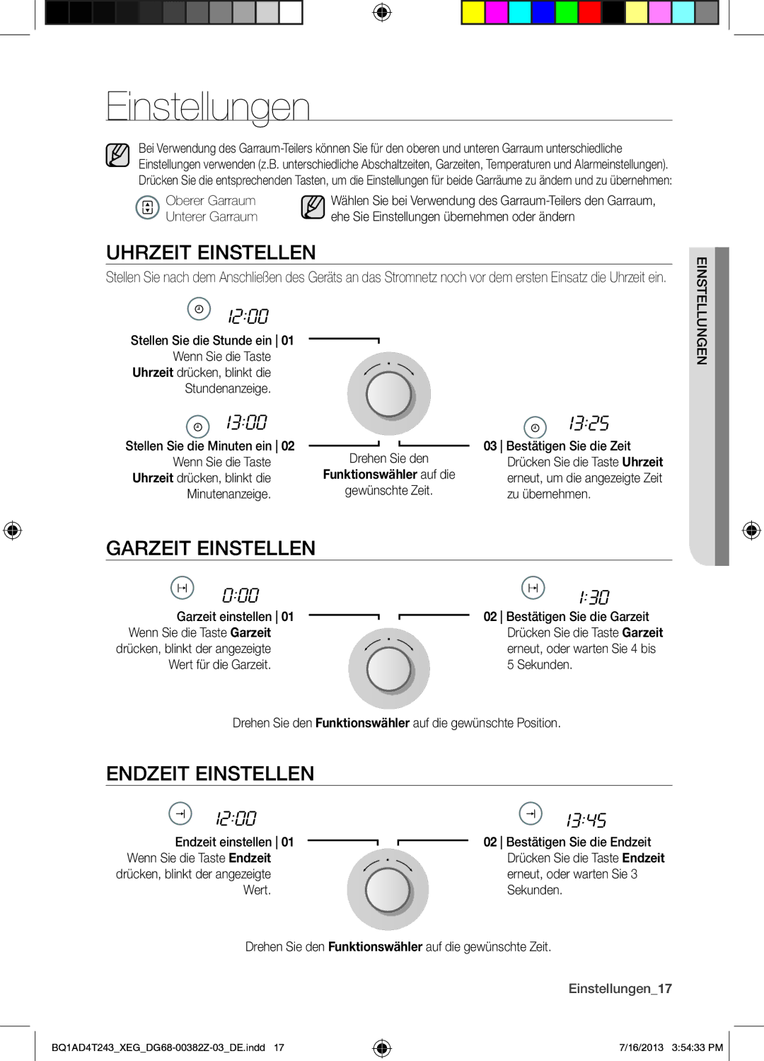 Samsung BQ1AD4T243/XEG manual Uhrzeit Einstellen, Garzeit Einstellen, Endzeit Einstellen, Einstellungen17 