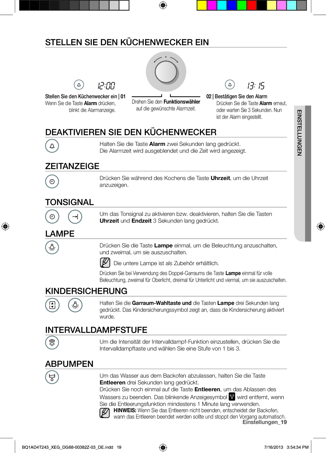 Samsung BQ1AD4T243/XEG Stellen SIE DEN Küchenwecker EIN, Deaktivieren SIE DEN Küchenwecker, Zeitanzeige, Tonsignal, Lampe 