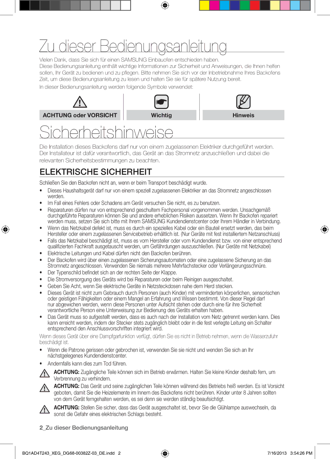 Samsung BQ1AD4T243/XEG Zu dieser Bedienungsanleitung, Sicherheitshinweise, Elektrische Sicherheit, Achtung oder Vorsicht 