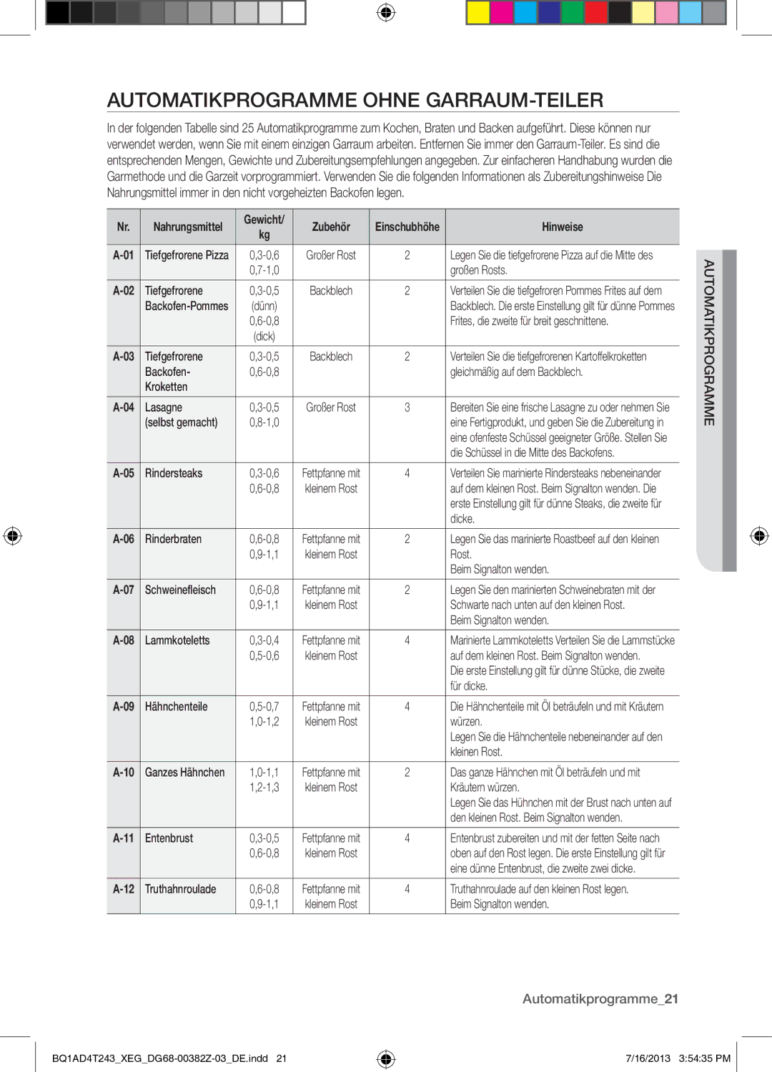 Samsung BQ1AD4T243/XEG manual Automatikprogramme Ohne GARRAUM-TEILER, Automatikprogramme21, Zubehör, Hinweise 