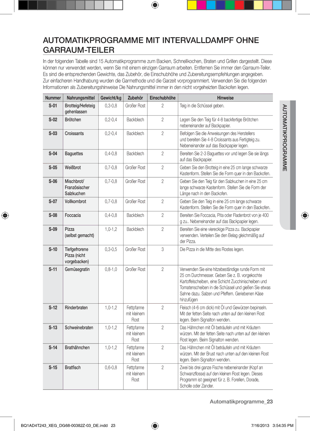 Samsung BQ1AD4T243/XEG manual Automatikprogramme MIT Intervalldampf Ohne GARRAUM-TEILER, Automatikprogramme23 