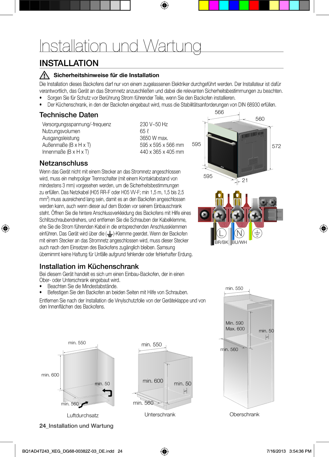 Samsung BQ1AD4T243/XEG manual Installation und Wartung, Technische Daten, Netzanschluss, Installation im Küchenschrank 