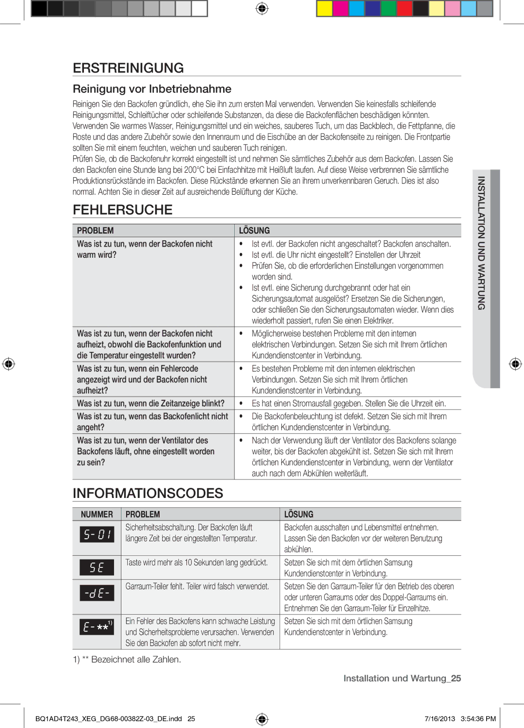 Samsung BQ1AD4T243/XEG manual Erstreinigung, Fehlersuche, Informationscodes, Reinigung vor Inbetriebnahme 