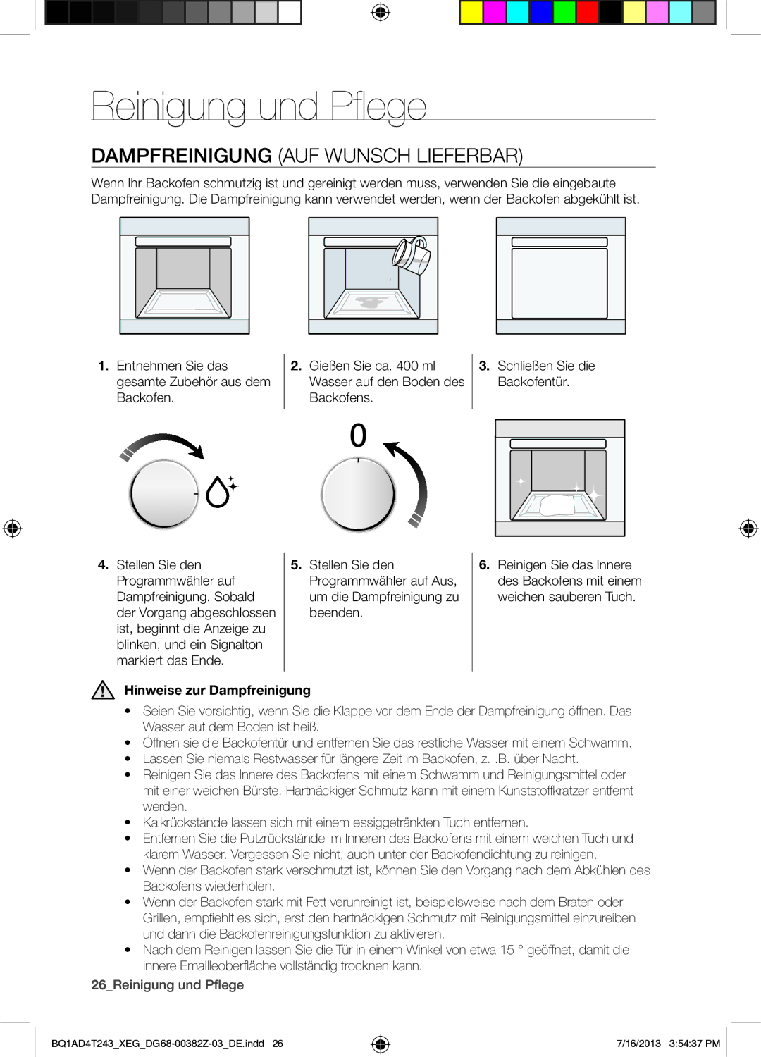 Samsung BQ1AD4T243/XEG manual Reinigung und Pflege, Dampfreinigung AUF Wunsch Lieferbar, Hinweise zur Dampfreinigung 