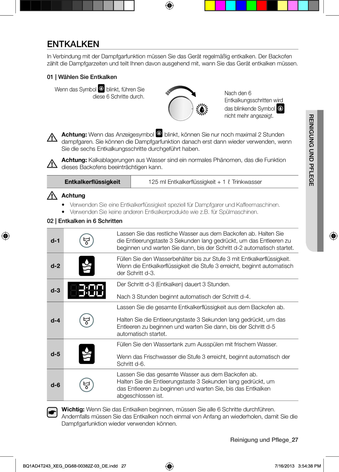 Samsung BQ1AD4T243/XEG manual Entkalken, Reinigung und Pflege27 