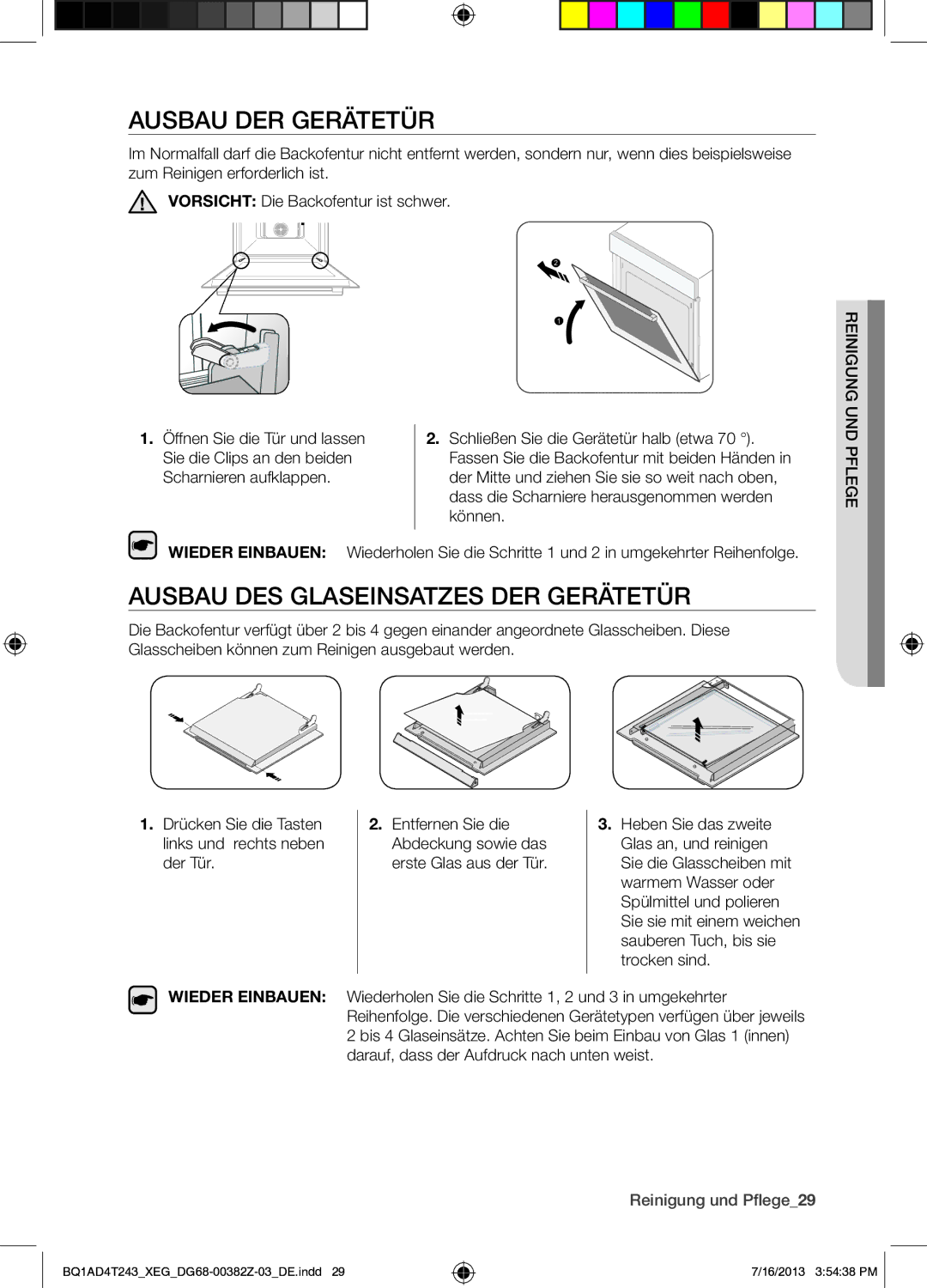 Samsung BQ1AD4T243/XEG manual Ausbau DER Gerätetür, Ausbau DES Glaseinsatzes DER Gerätetür, Scharnieren aufklappen, Können 