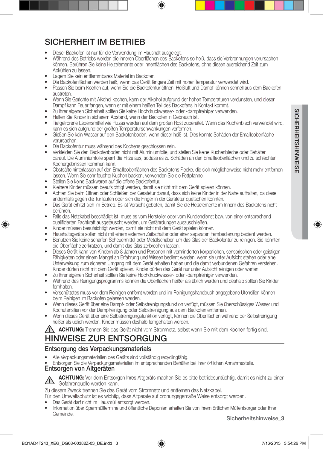 Samsung BQ1AD4T243/XEG manual Sicherheit IM Betrieb, Hinweise ZUR Entsorgung, Entsorgung des Verpackungsmaterials 