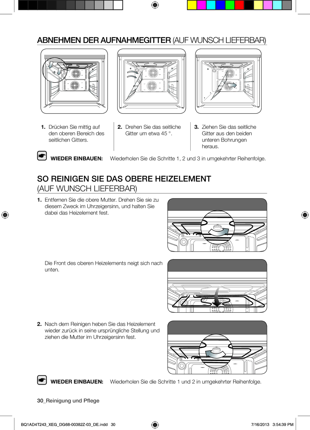 Samsung BQ1AD4T243/XEG manual Abnehmen DER Aufnahmegitter AUF Wunsch Lieferbar, 30Reinigung und Pflege 