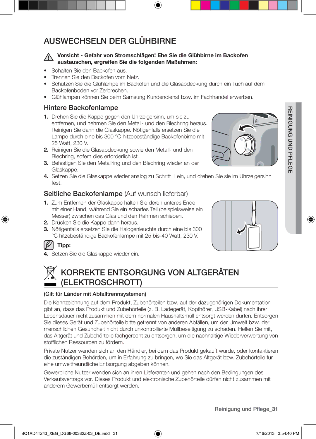 Samsung BQ1AD4T243/XEG Auswechseln DER Glühbirne, Korrekte Entsorgung VON Altgeräten Elektroschrott, Hintere Backofenlampe 