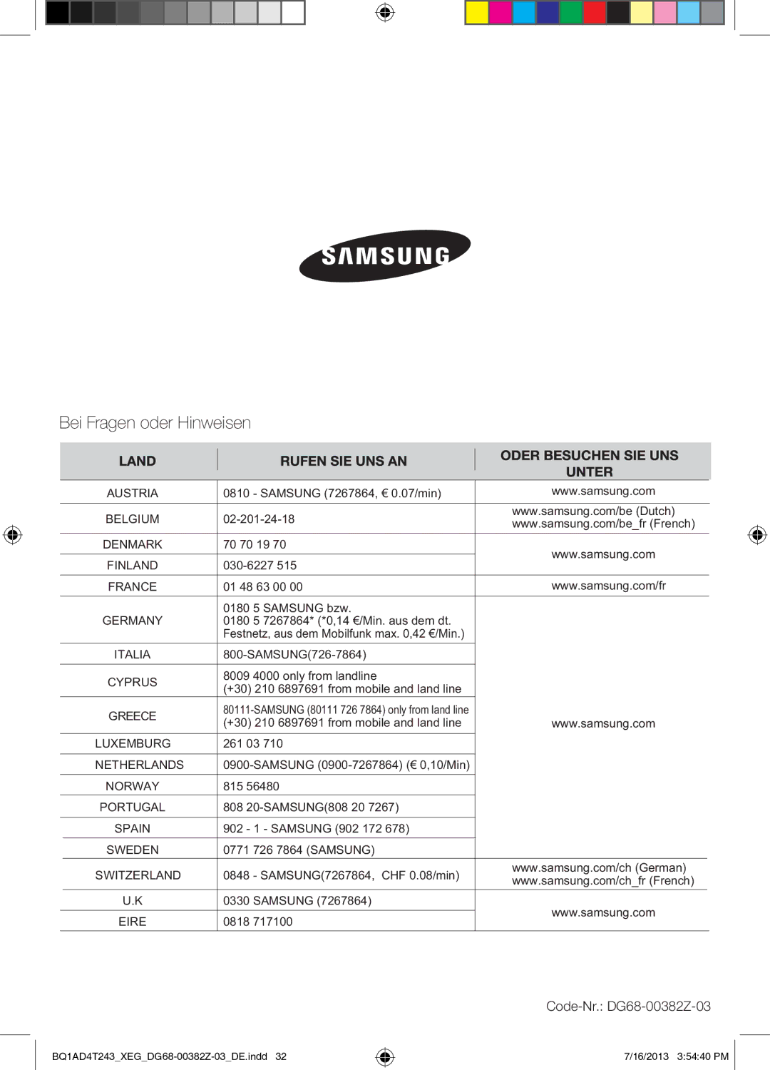 Samsung BQ1AD4T243/XEG manual Code-Nr. DG68-00382Z-03 