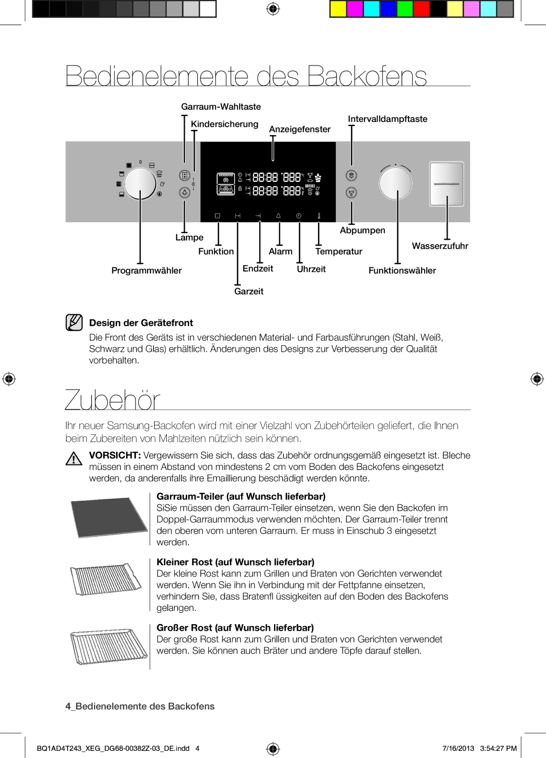 Samsung BQ1AD4T243/XEG manual Bedienelemente des Backofens, Zubehör 