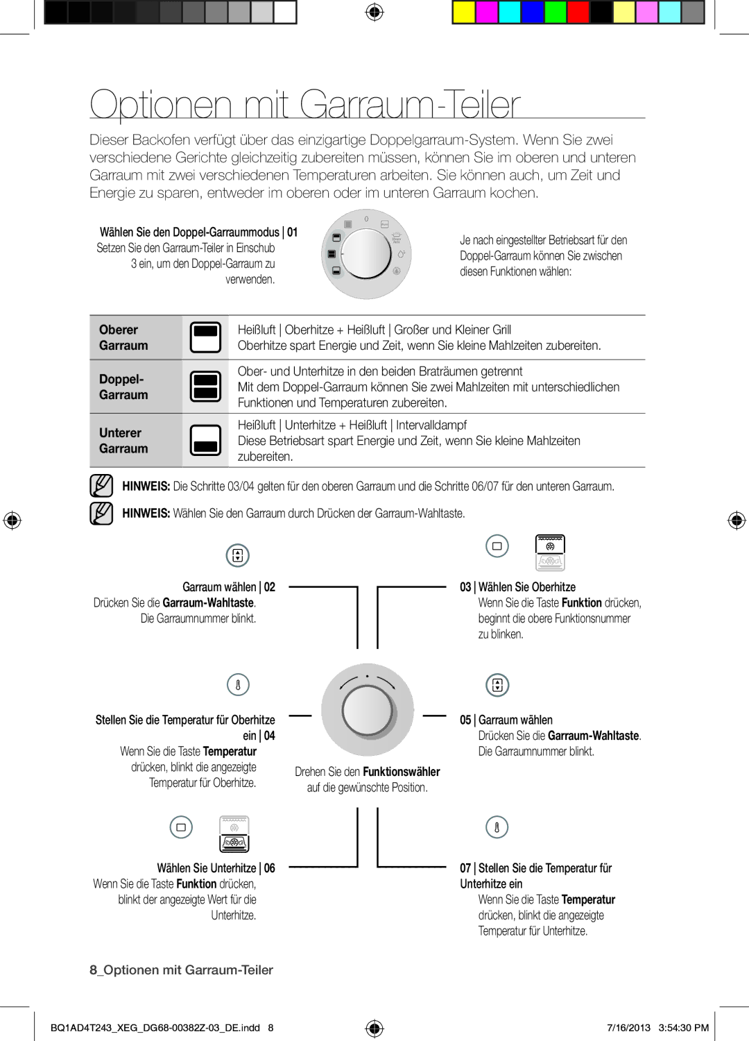 Samsung BQ1AD4T243/XEG manual Optionen mit Garraum-Teiler, Funktionen und Temperaturen zubereiten, Wählen Sie Unterhitze 