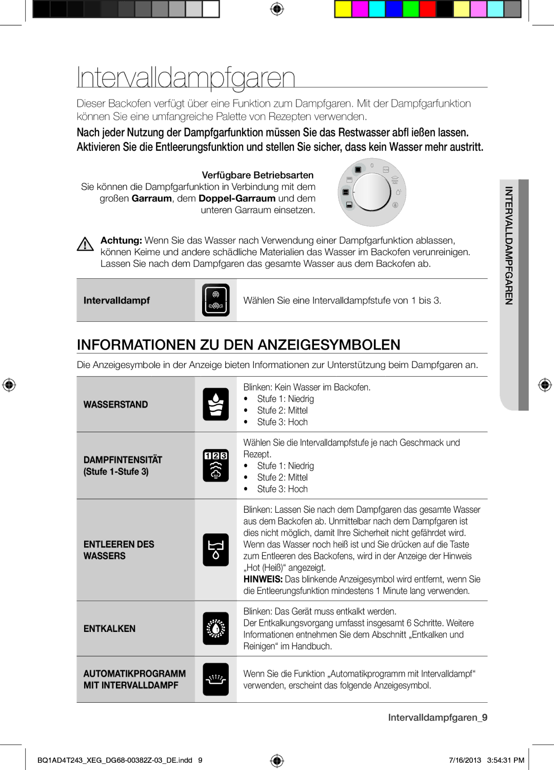 Samsung BQ1AD4T243/XEG manual Informationen ZU DEN Anzeigesymbolen, Stufe 1-Stufe, Intervalldampfgaren9 