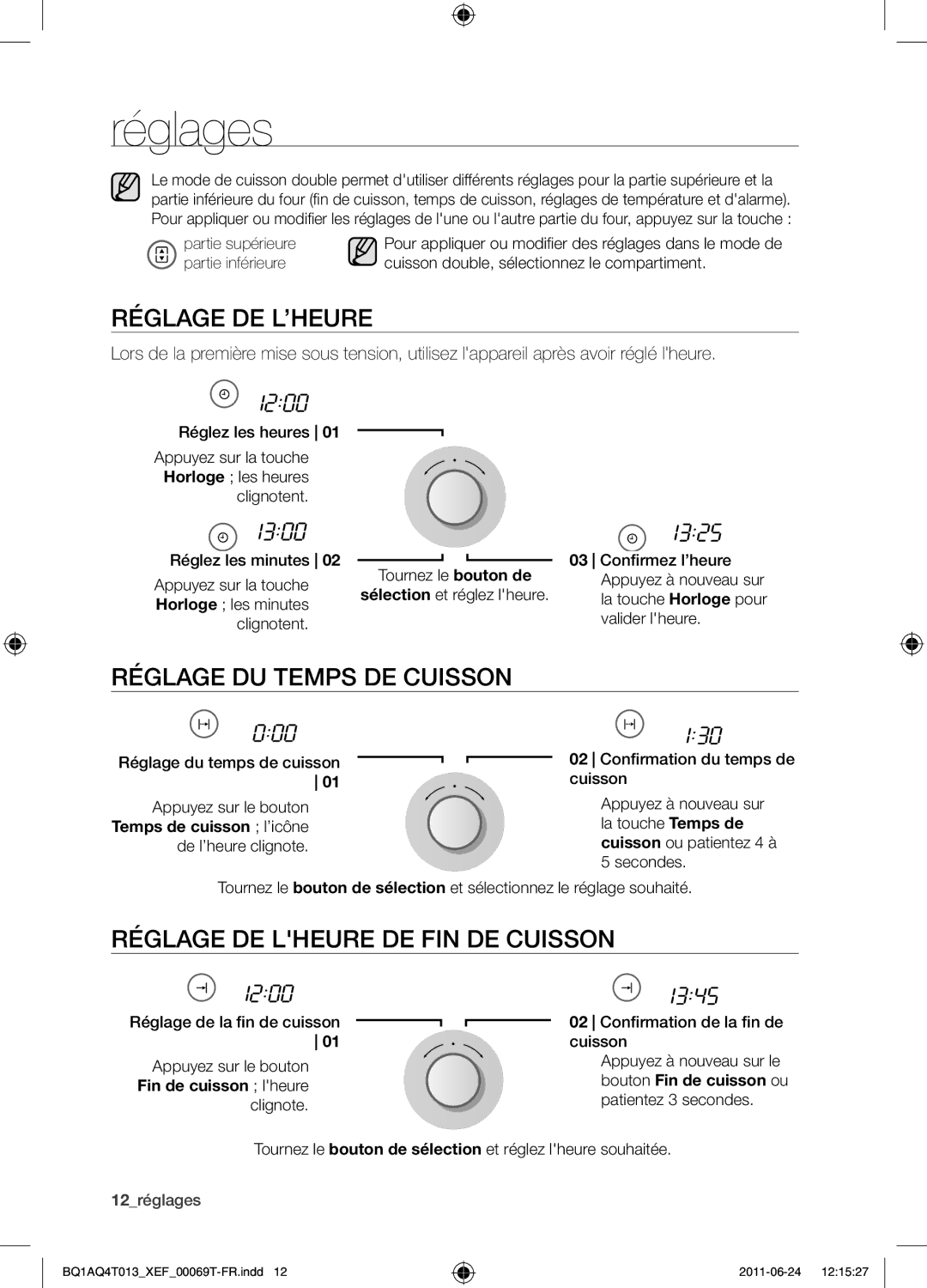 Samsung BQ1AQ4T013/XEF Réglages, Réglage de l’heure, Réglage du temps de cuisson, Réglage de lheure de fin de cuisson 