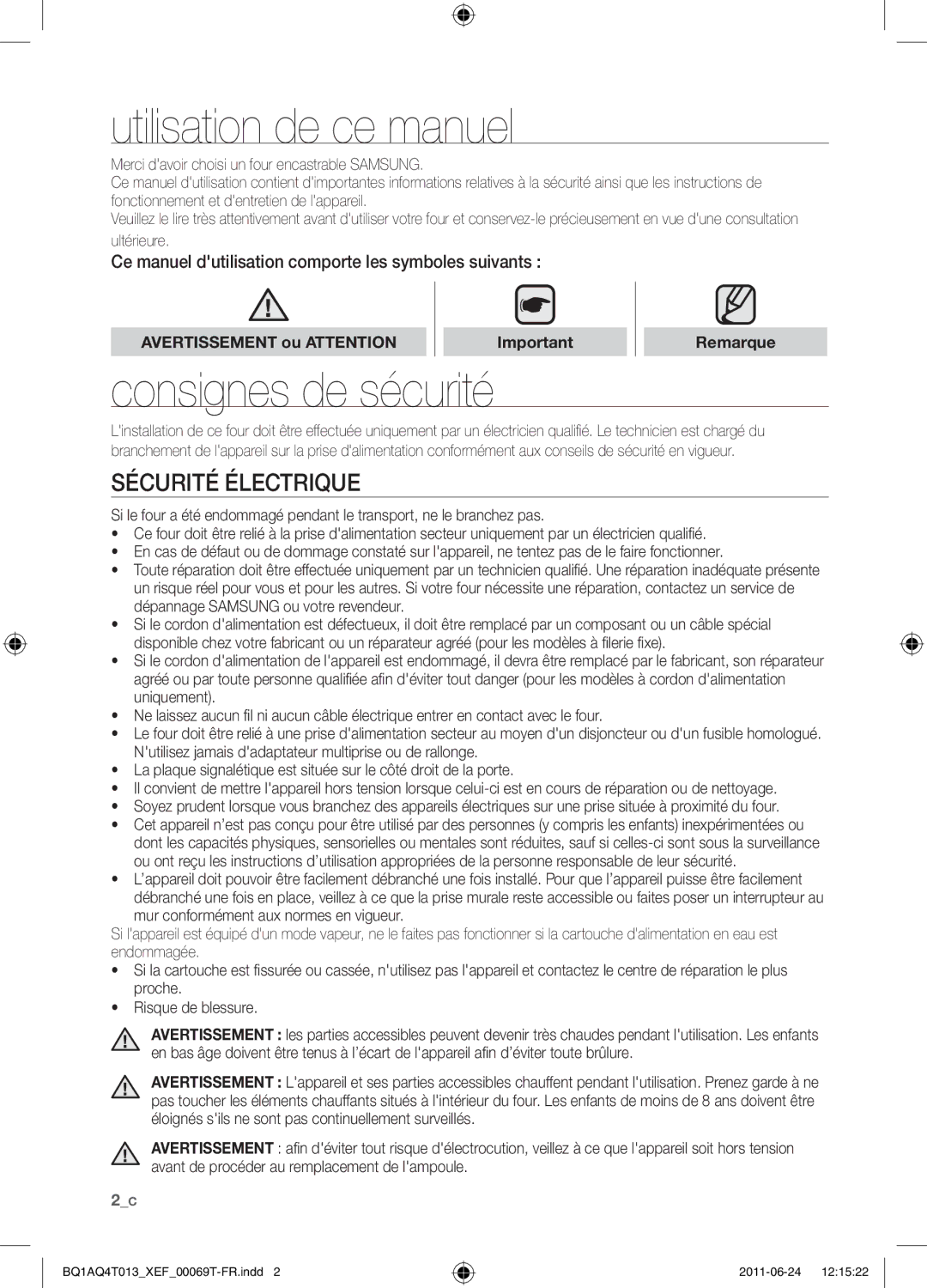 Samsung BQ1AQ4T013/XEF Utilisation de ce manuel, Consignes de sécurité, Sécurité électrique, Avertissement ou Attention 