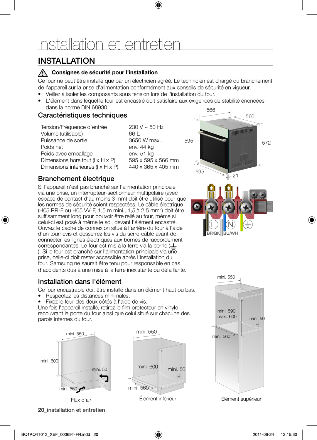 Samsung BQ1AQ4T013/XEF manual Installation et entretien, Caractéristiques techniques, Branchement électrique 