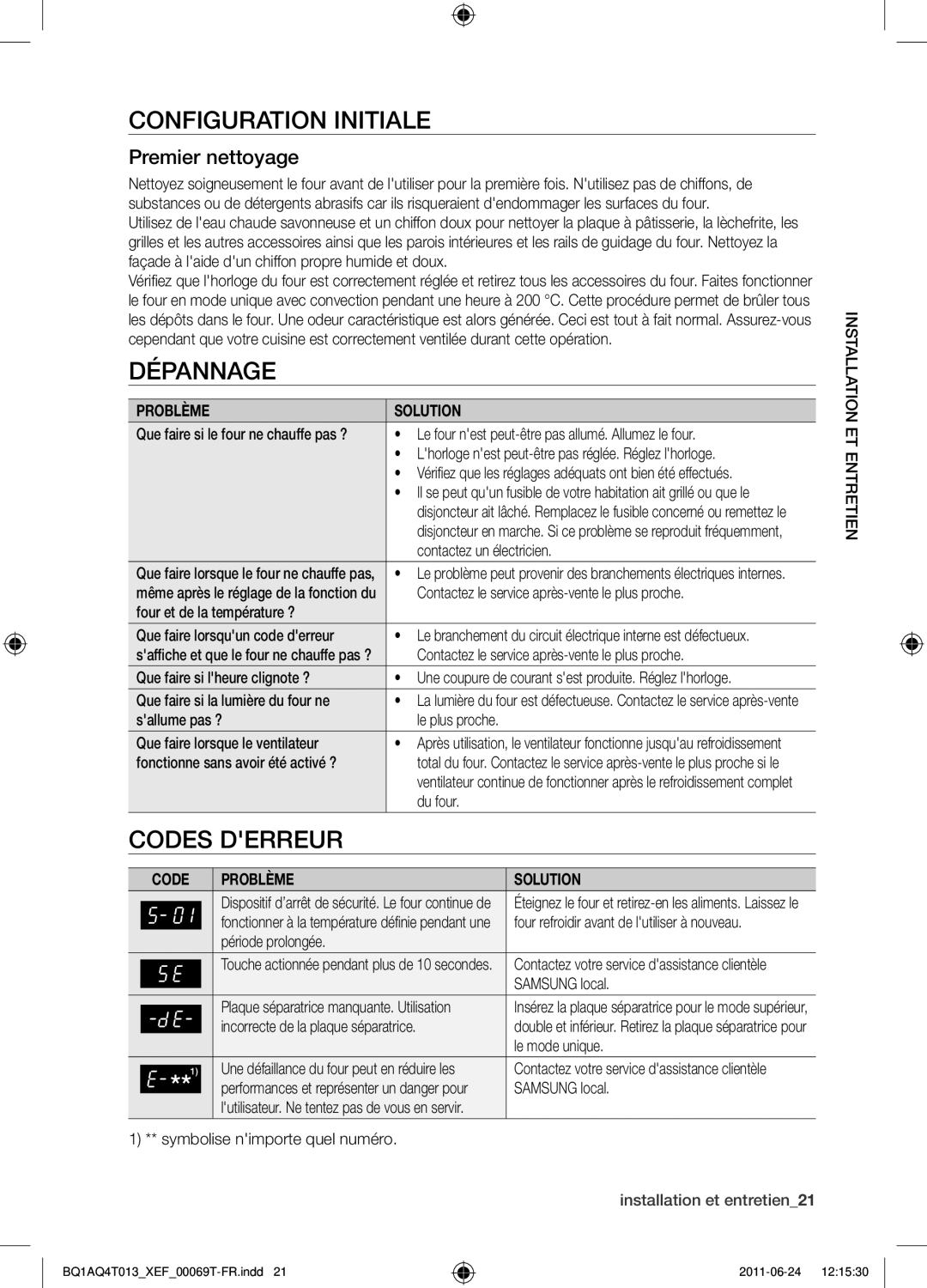 Samsung BQ1AQ4T013/XEF manual Configuration initiale, Dépannage, Codes derreur, Premier nettoyage 