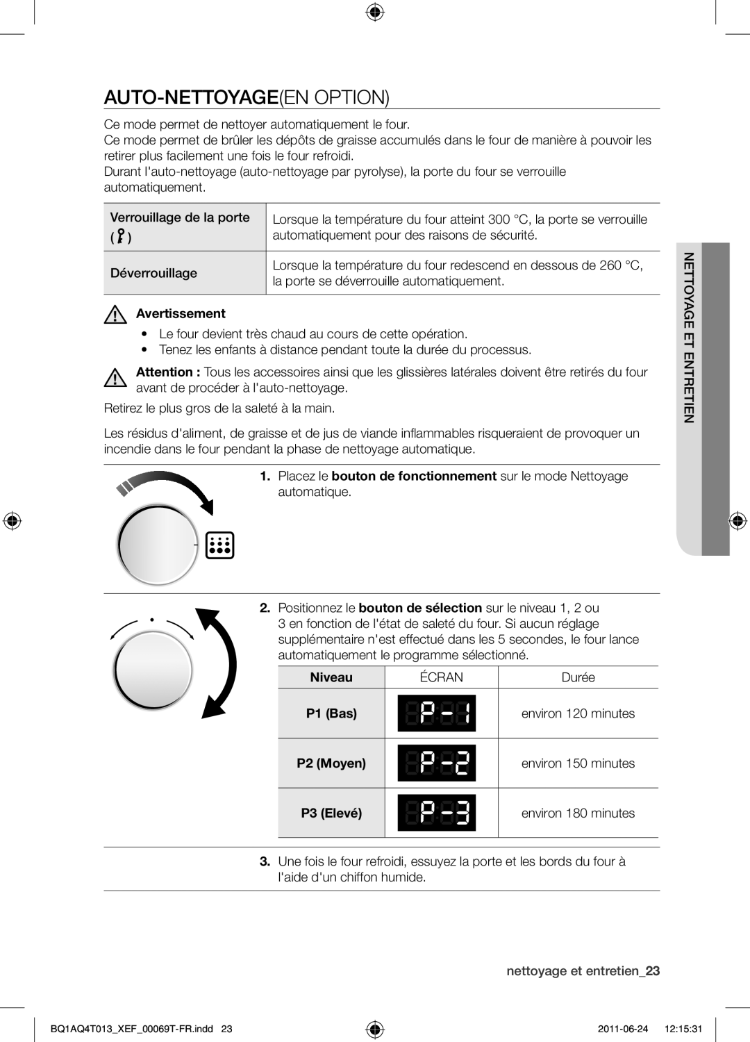 Samsung BQ1AQ4T013/XEF manual Auto-nettoyageen option, Avertissement, Niveau 