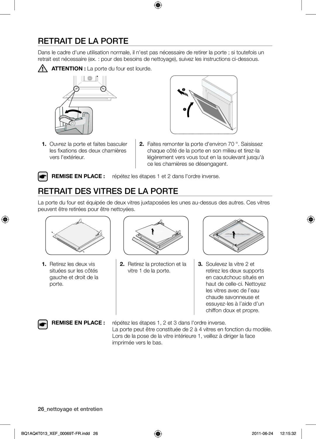 Samsung BQ1AQ4T013/XEF manual Retrait de la porte, Retrait des vitres de la porte, Remise EN Place 