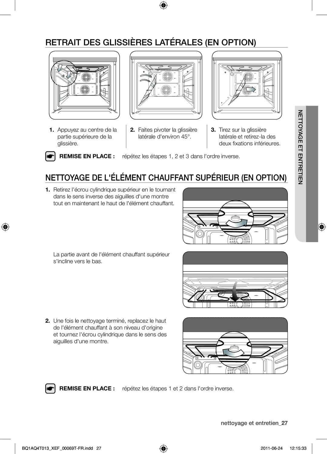 Samsung BQ1AQ4T013/XEF Retrait des glissières latérales en option, Nettoyage de lélément chauffant supérieur en option 