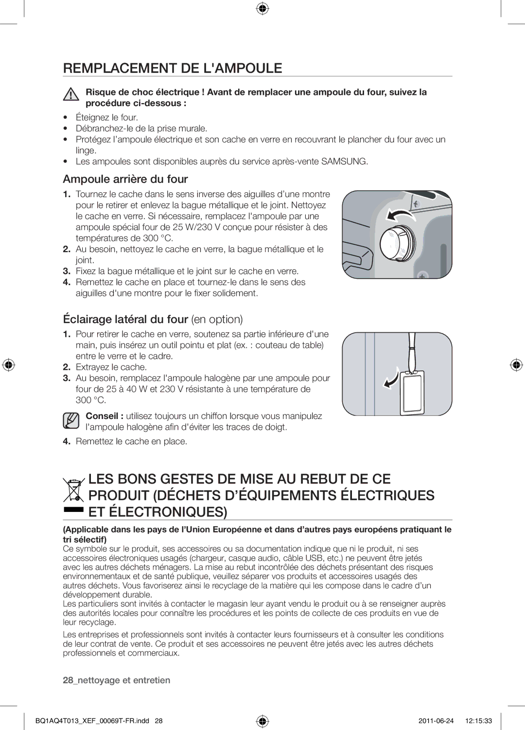 Samsung BQ1AQ4T013/XEF manual Remplacement de lampoule, Ampoule arrière du four, Éclairage latéral du four en option 