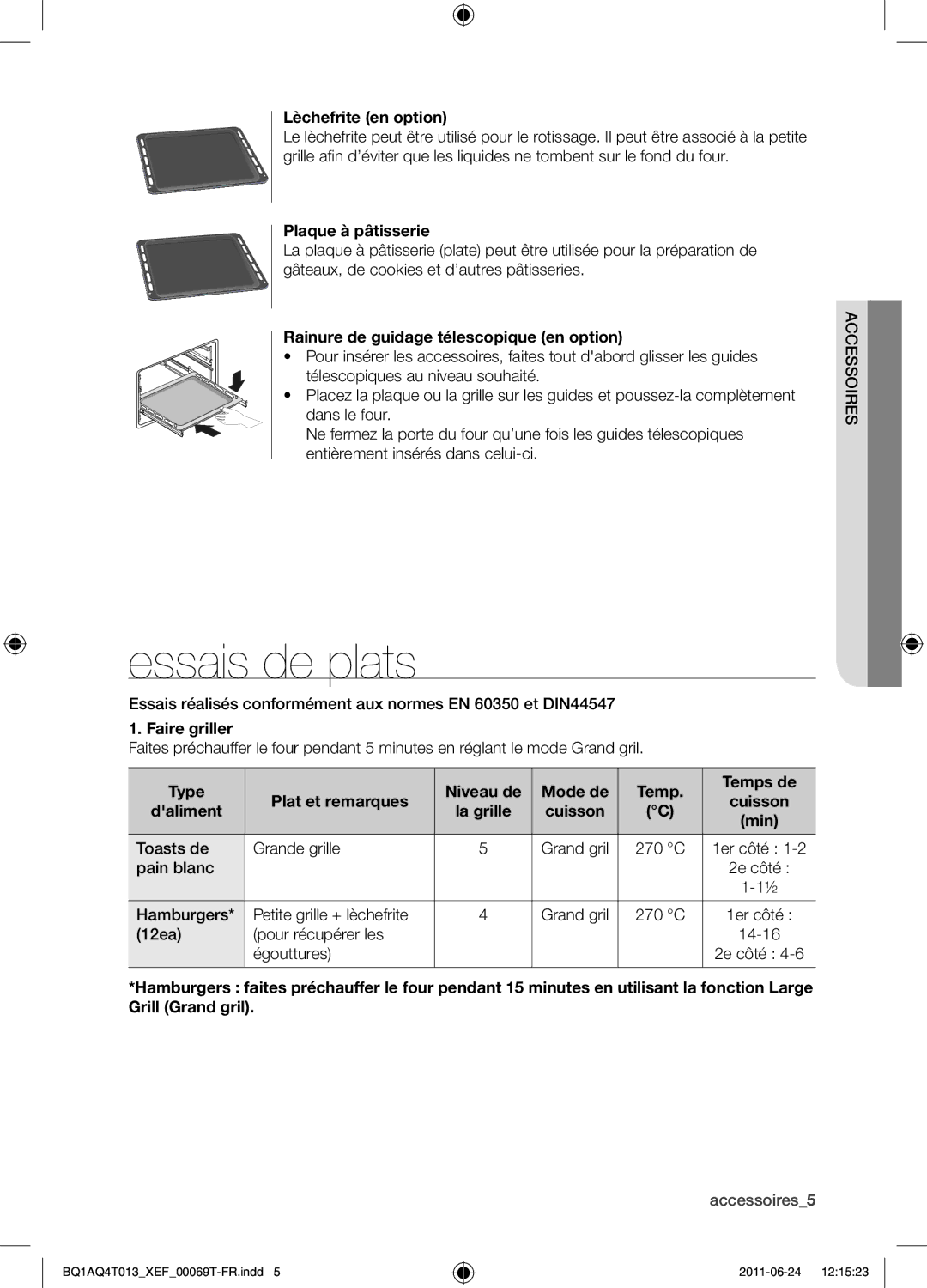 Samsung BQ1AQ4T013/XEF manual Essais de plats 