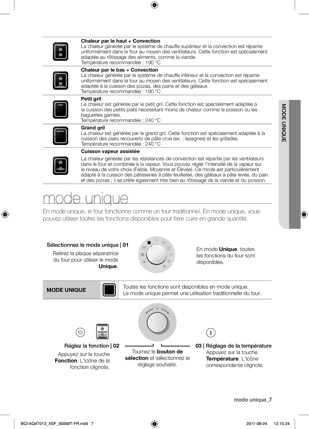 Samsung BQ1AQ4T013/XEF manual Mode unique, Mode Unique 