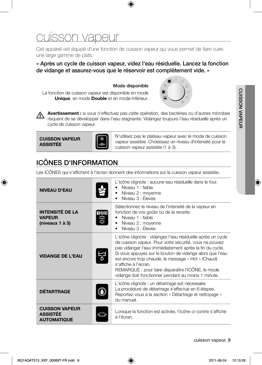 Samsung BQ1AQ4T013/XEF manual Cuisson vapeur, Icônes dinformation 