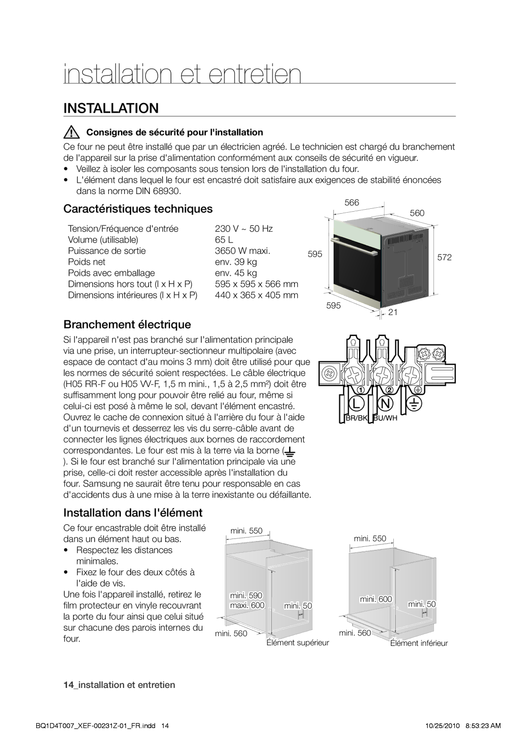 Samsung BQ1D4W213/XEF, BQ1D4B213/XEF manual Installation et entretien, Caractéristiques techniques, Branchement électrique 