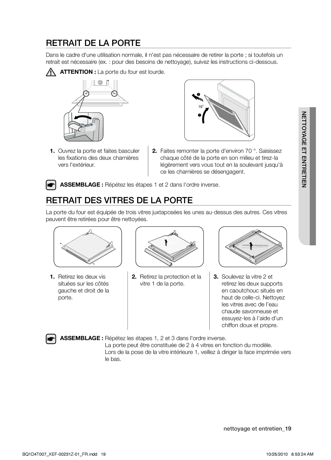 Samsung BQ1D4T007/XEF, BQ1D4B213/XEF, BQ1D4W213/XEF manual Retrait de la porte, Retrait des vitres de la porte 