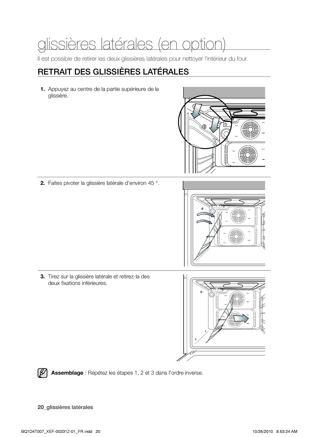 Samsung BQ1D4W213/XEF, BQ1D4B213/XEF, BQ1D4T007/XEF manual Glissières latérales en option, Retrait des glissières latérales 