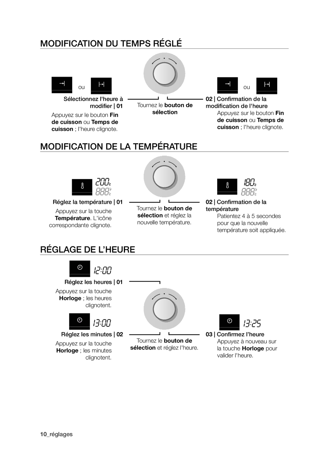 Samsung BQ1D4T007/XEF manual Modification du temps réglé, Modification de la température, Réglage de l’heure, Sélection 