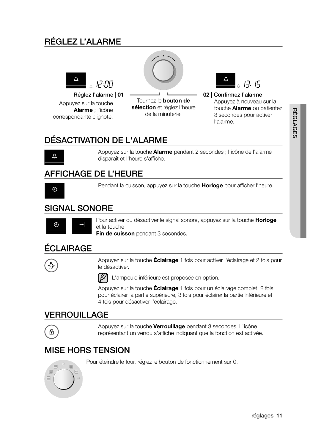 Samsung BQ1D4T007/XEF manual Réglez l’alarme, Désactivation de lalarme, Affichage de l’heure, Signal sonore, Éclairage 