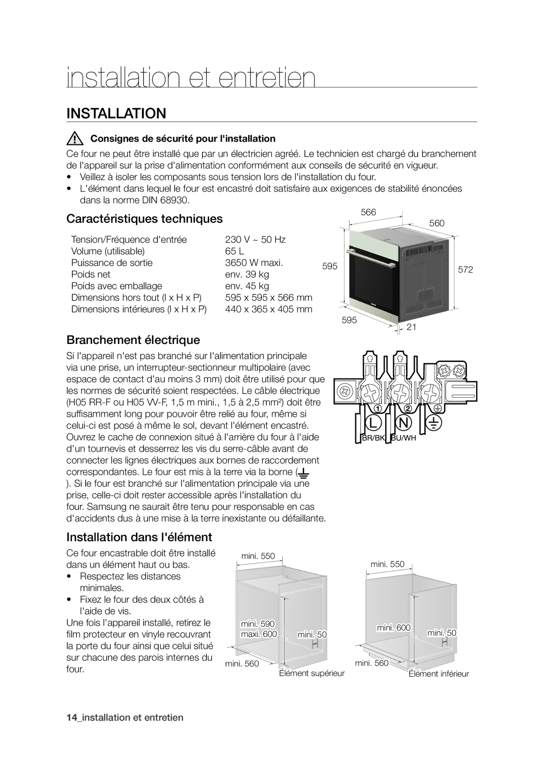 Samsung BQ1D4T007/XEF manual Installation et entretien, Caractéristiques techniques, Branchement électrique 