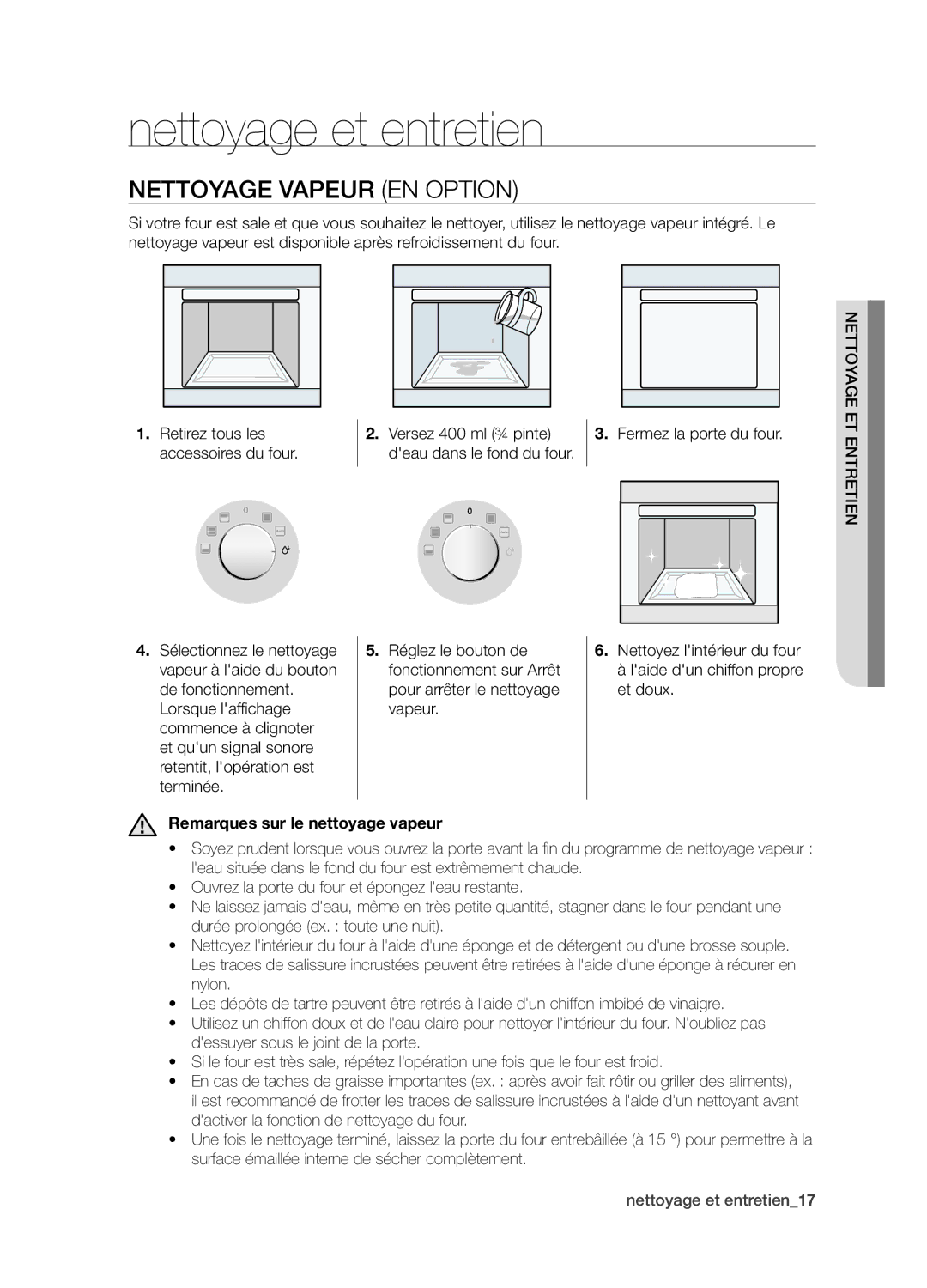 Samsung BQ1D4T007/XEF manual Nettoyage et entretien, Nettoyage vapeur en option, Remarques sur le nettoyage vapeur 