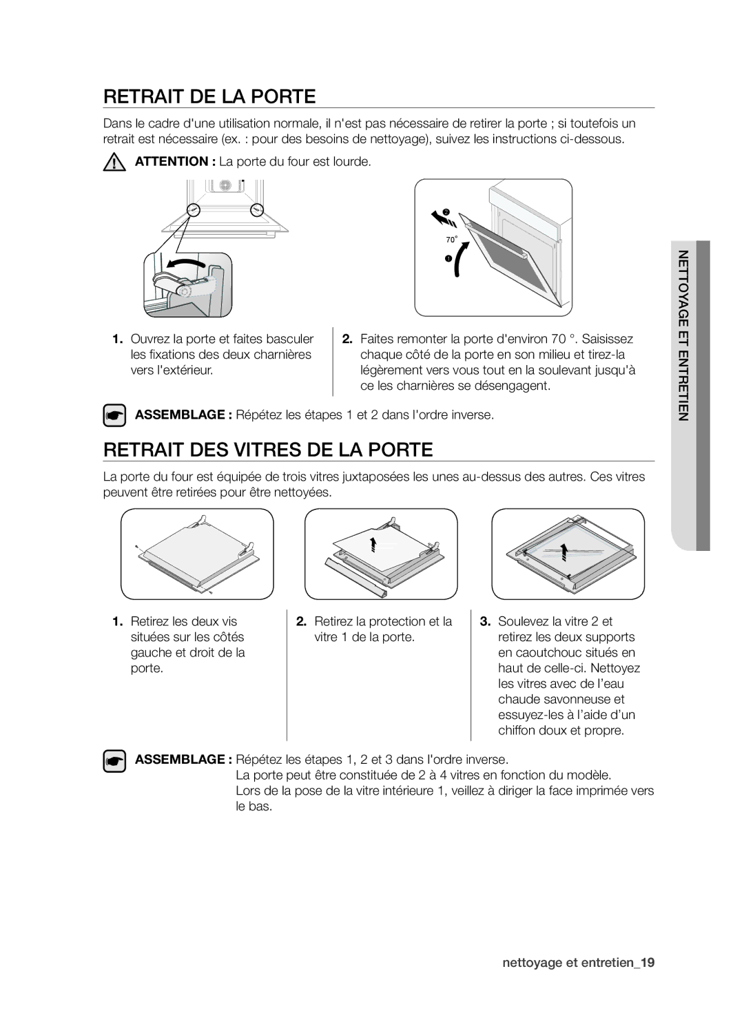 Samsung BQ1D4T007/XEF manual Retrait de la porte, Retrait des vitres de la porte 