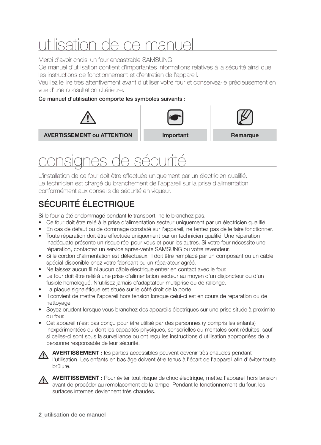 Samsung BQ1D4T007/XEF manual Utilisation de ce manuel, Consignes de sécurité, Sécurité électrique 