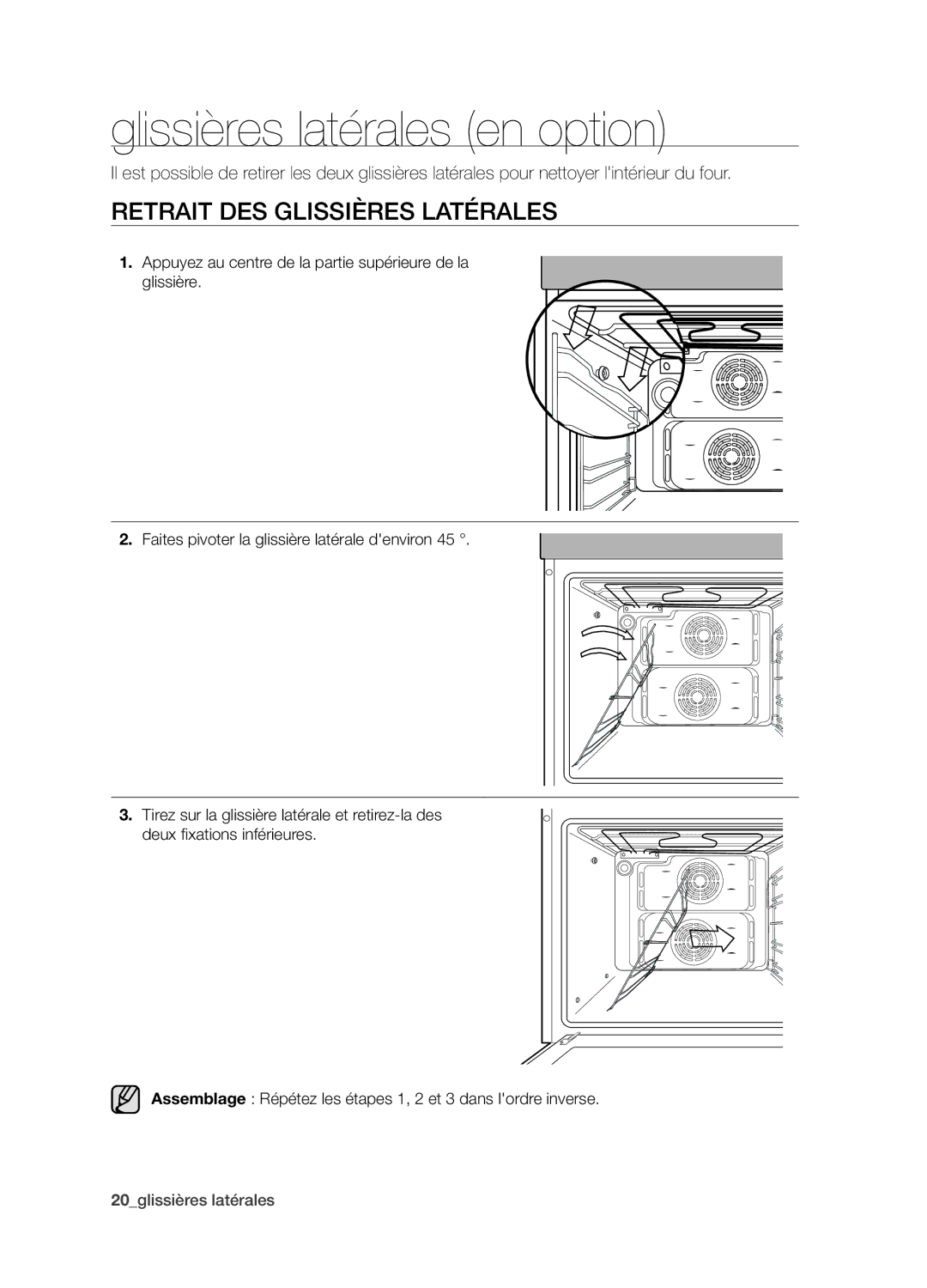 Samsung BQ1D4T007/XEF manual Glissières latérales en option, Retrait des glissières latérales 