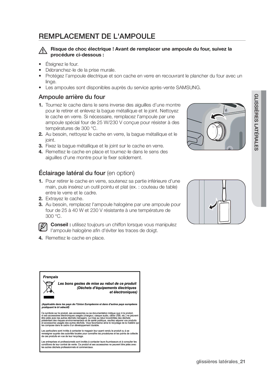 Samsung BQ1D4T007/XEF manual Remplacement de lampoule, Ampoule arrière du four, Éclairage latéral du four en option 