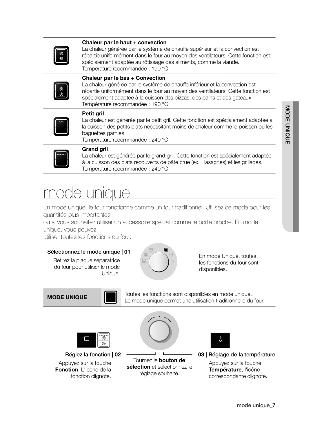 Samsung BQ1D4T007/XEF manual Mode unique, Mode Unique 