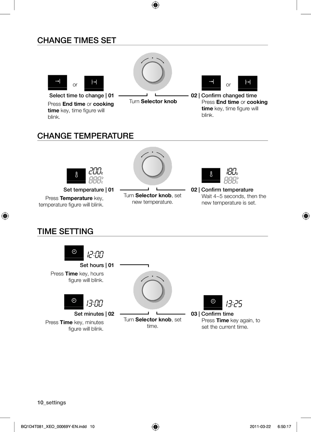 Samsung BQ1D4T081/XEO Change times set, Change temperature, Time setting, Turn Selector knob, Press End time or cooking 