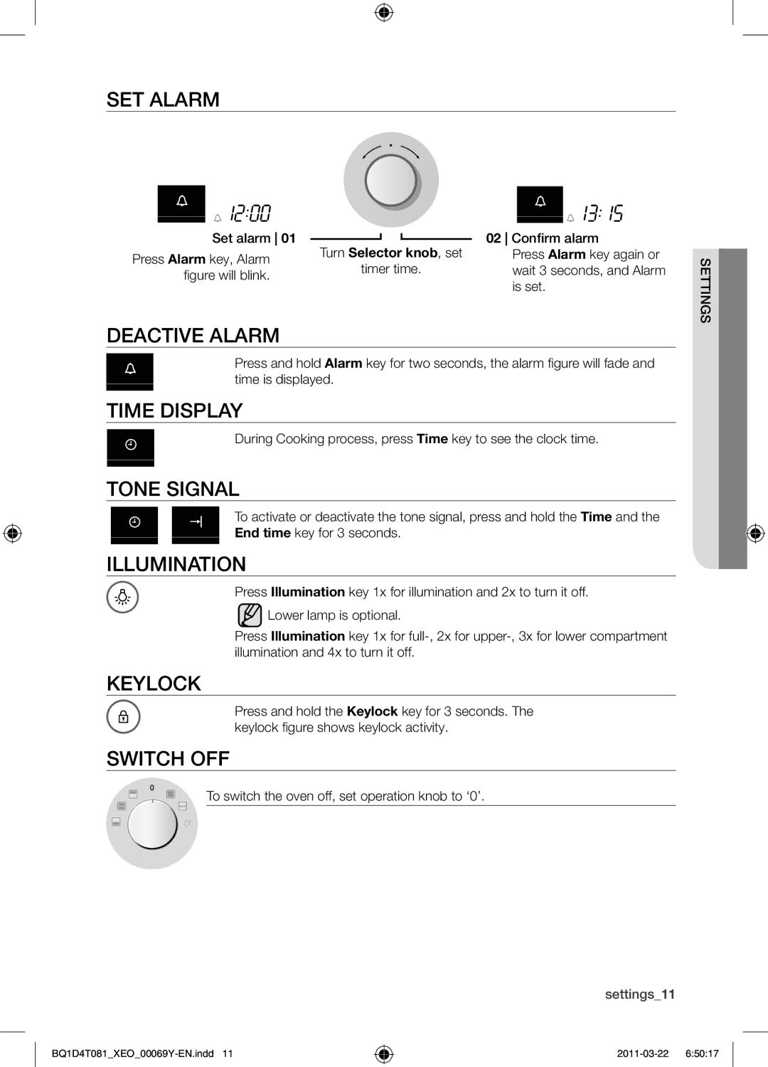 Samsung BQ1D4T081/XEO manual Set alarm, Deactive alarm, Time display, Tone signal, Illumination, Keylock, Switch off 