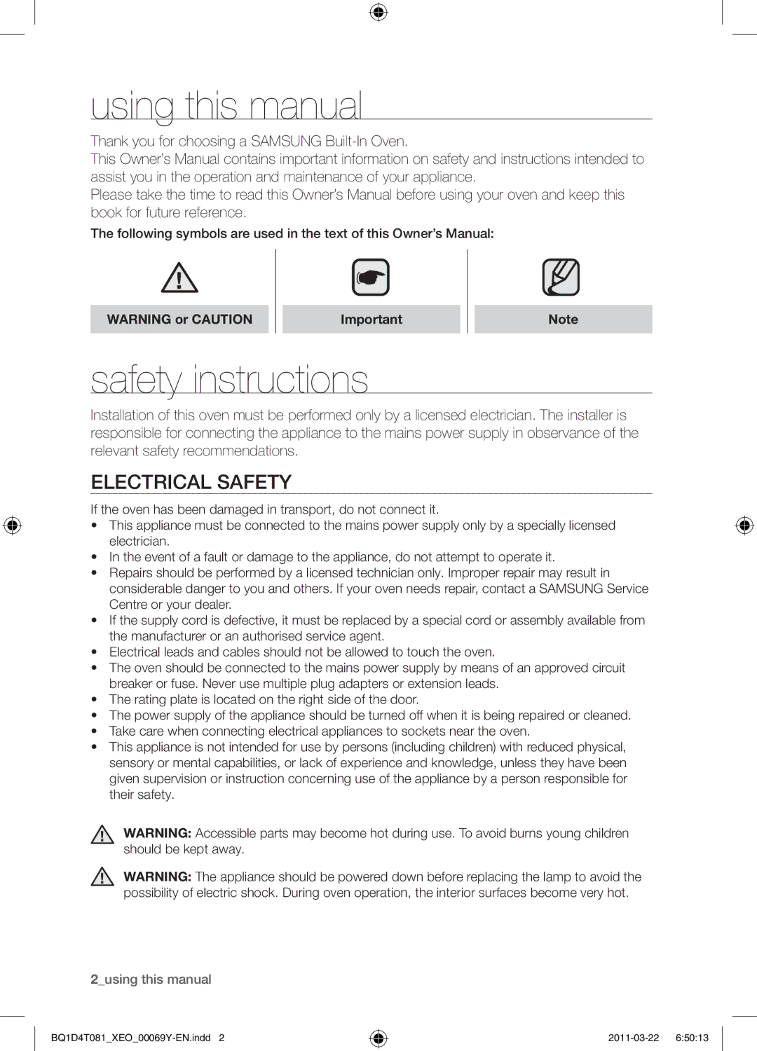 Samsung BQ1D4T081/XEO Using this manual, Safety instructions, Electrical safety 