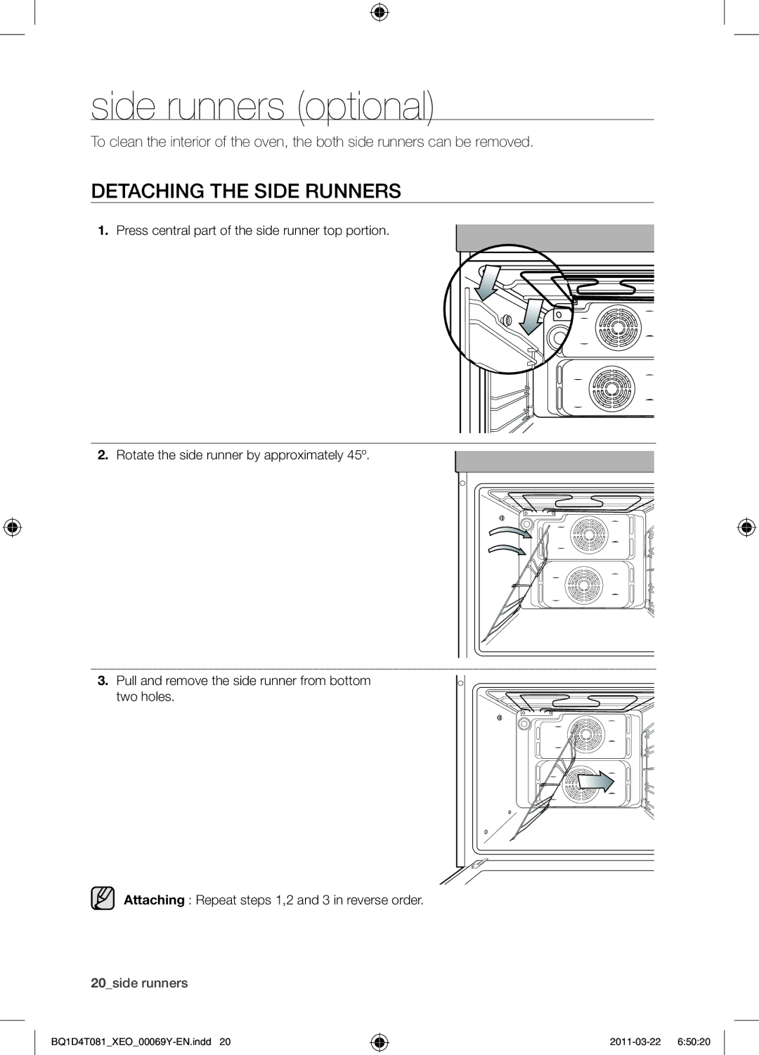 Samsung BQ1D4T081/XEO manual Side runners optional, Detaching the side runners 