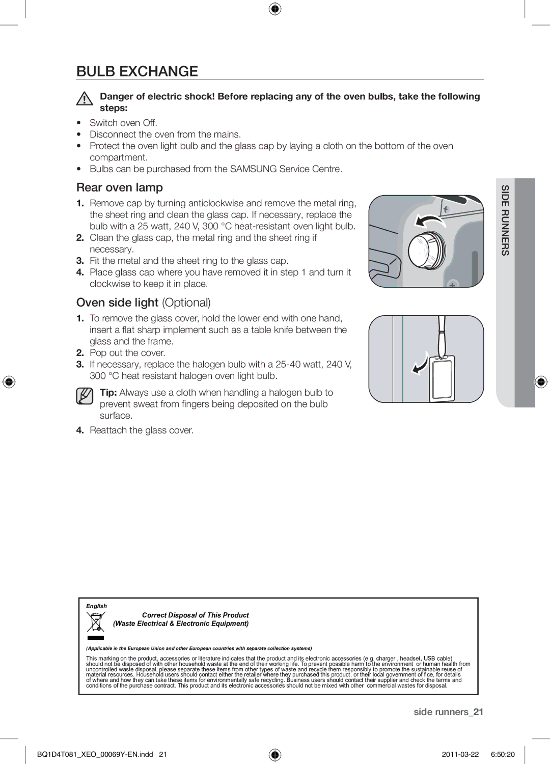 Samsung BQ1D4T081/XEO manual Bulb exchange, Rear oven lamp, Oven side light Optional 