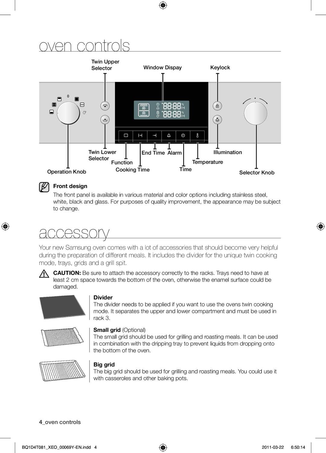 Samsung BQ1D4T081/XEO manual Oven controls, Accessory 